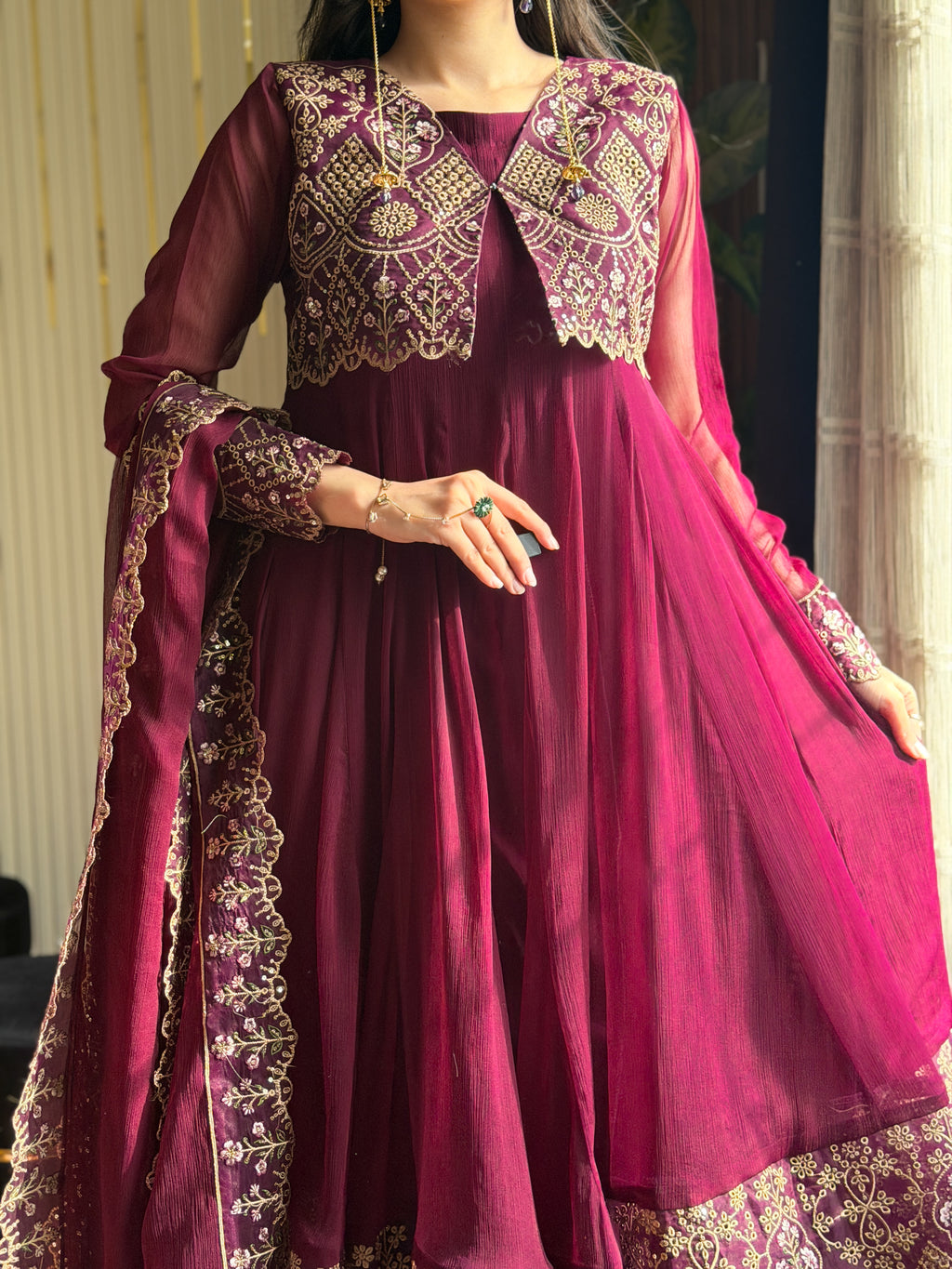 Gulrukh Maroon Embroidered Maxi