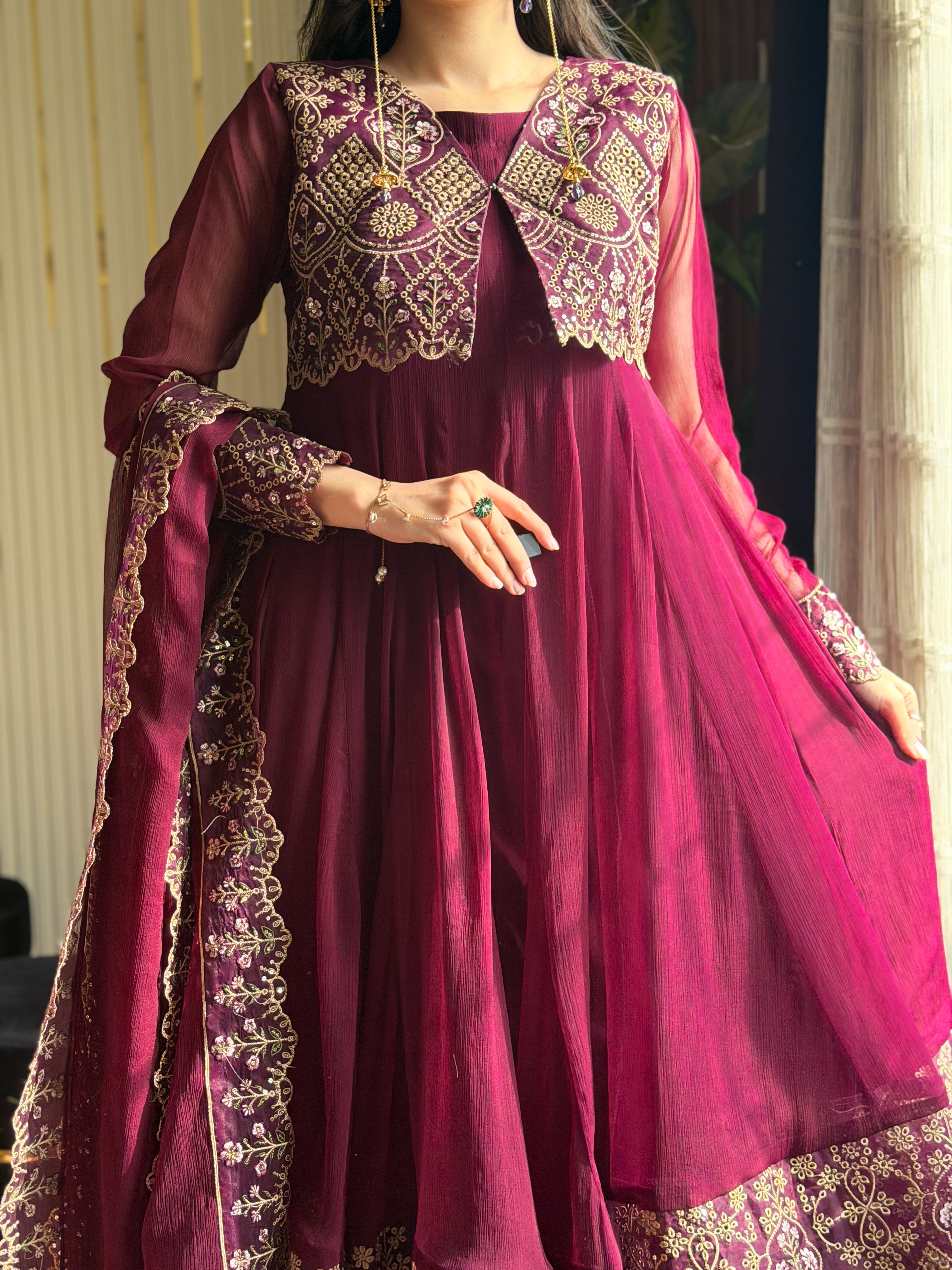 Gulrukh Maroon Embroidered Maxi