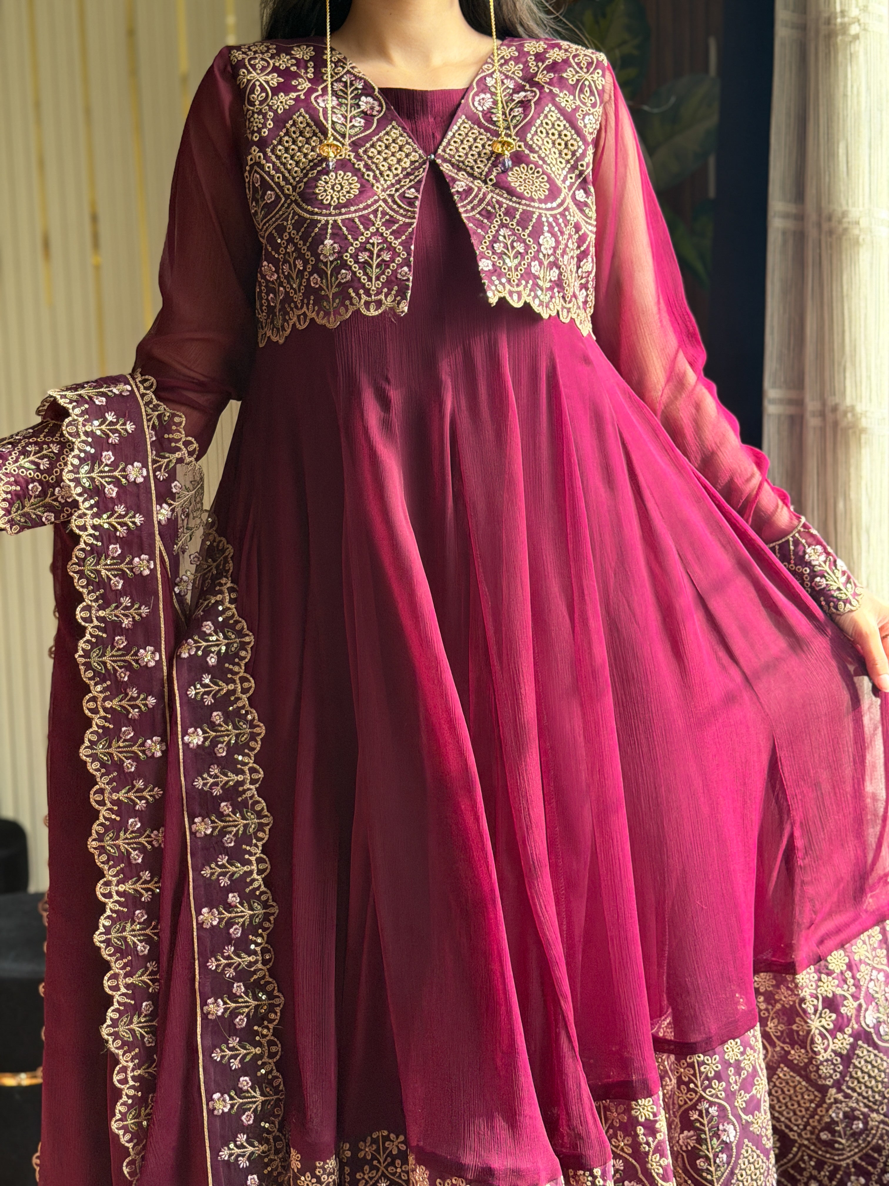 Gulrukh Maroon Embroidered Maxi