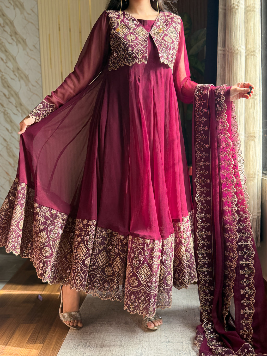 Gulrukh Maroon Embroidered Maxi