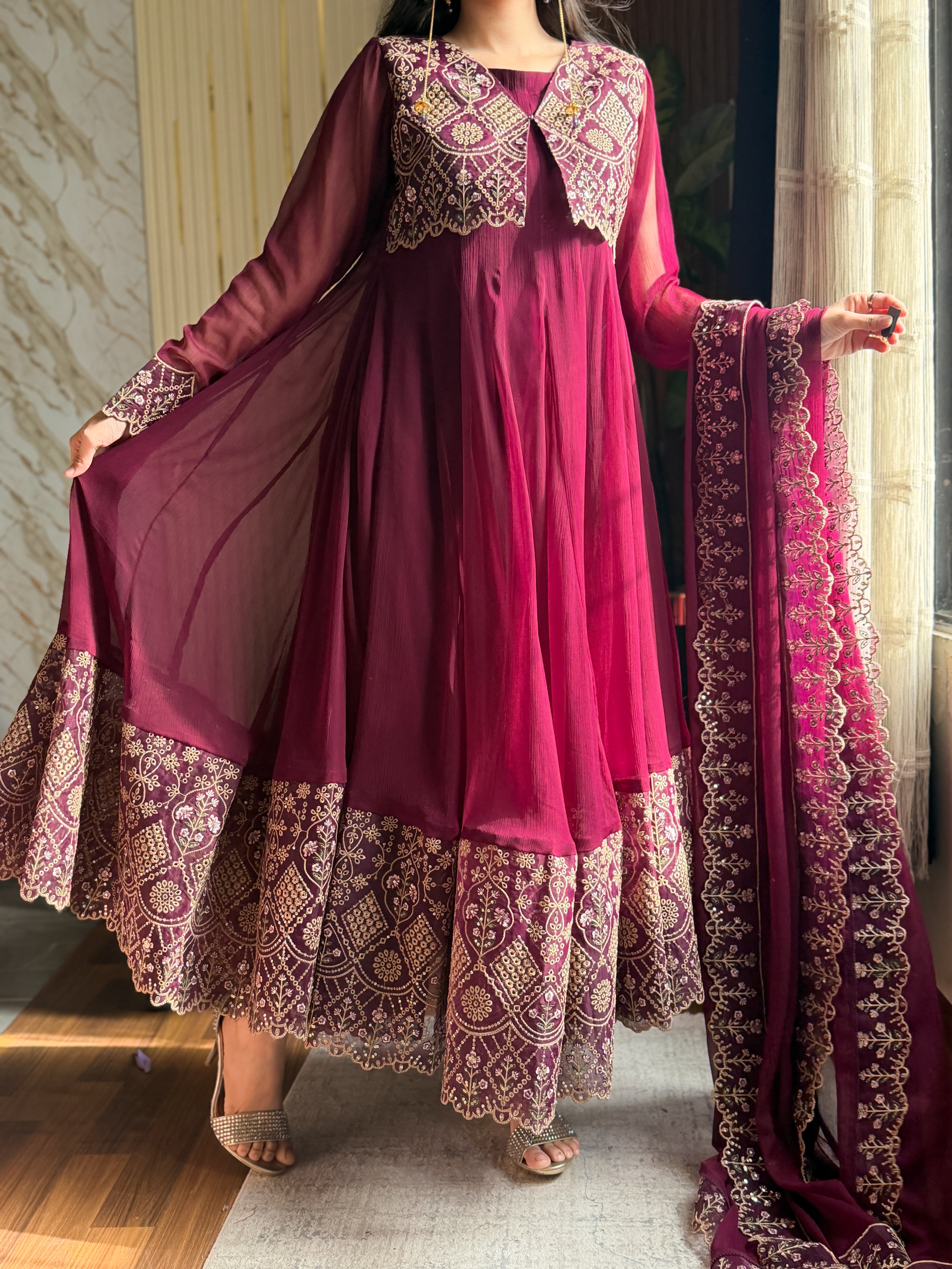 Gulrukh Maroon Embroidered Maxi