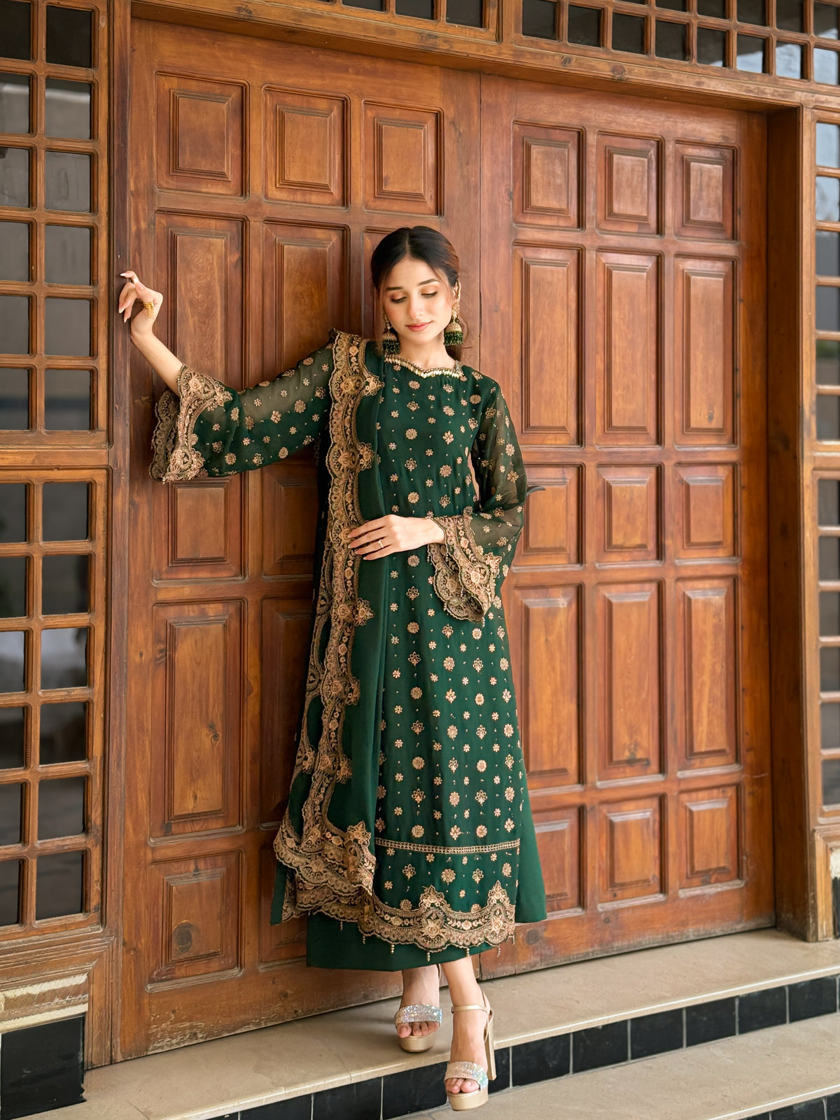 Mehr Emerald Green Chiffon 3-Piece Suit