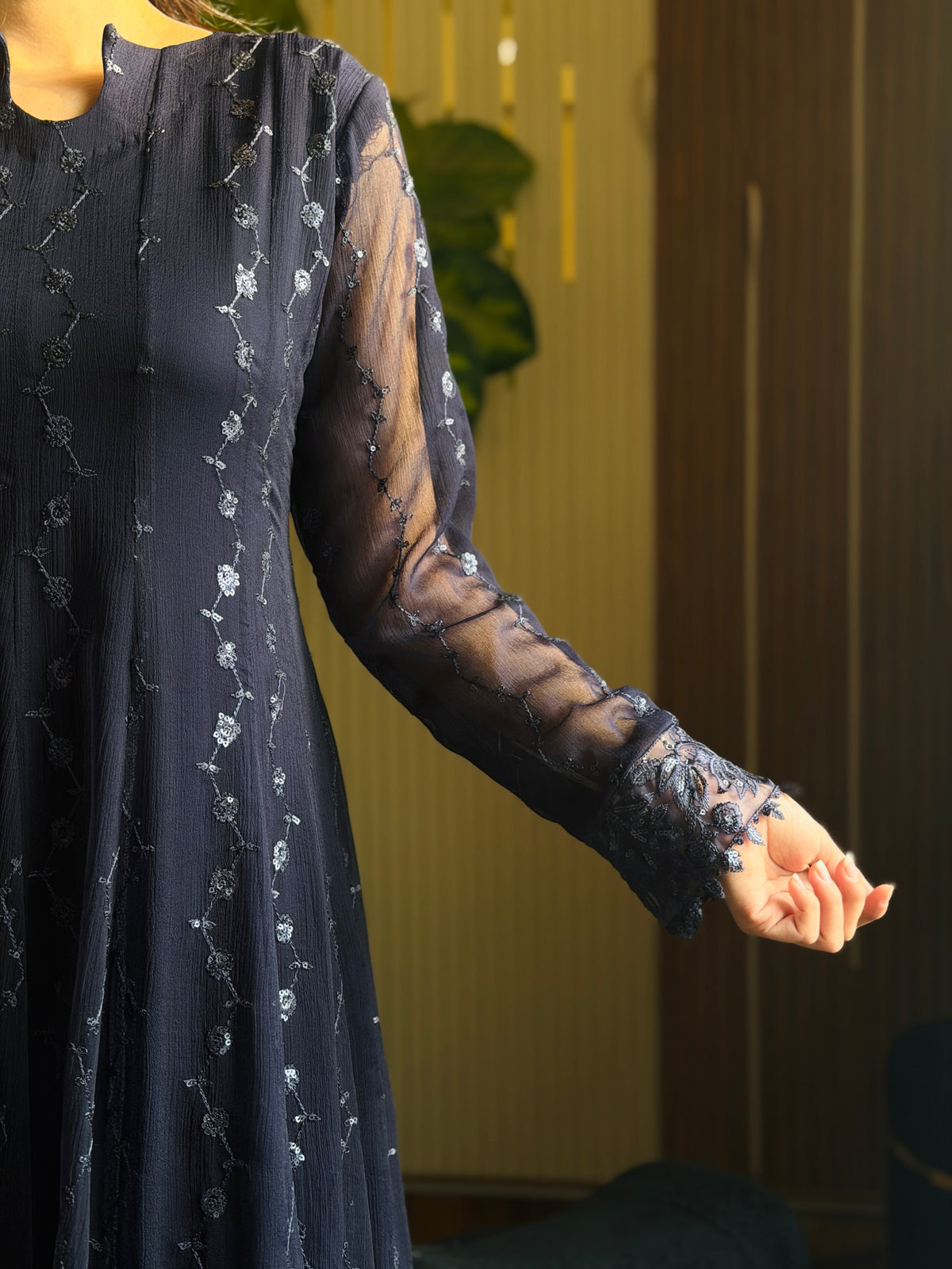 Noir Blue Embroidered Chiffon Maxi