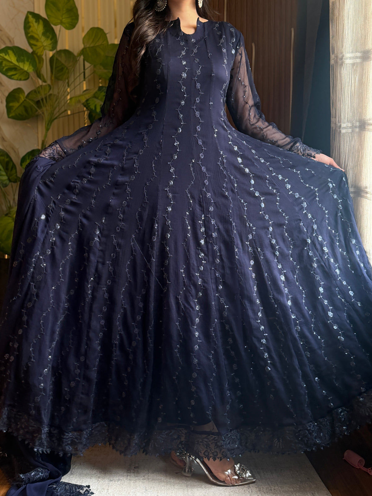 Noir Blue Embroidered Chiffon Maxi