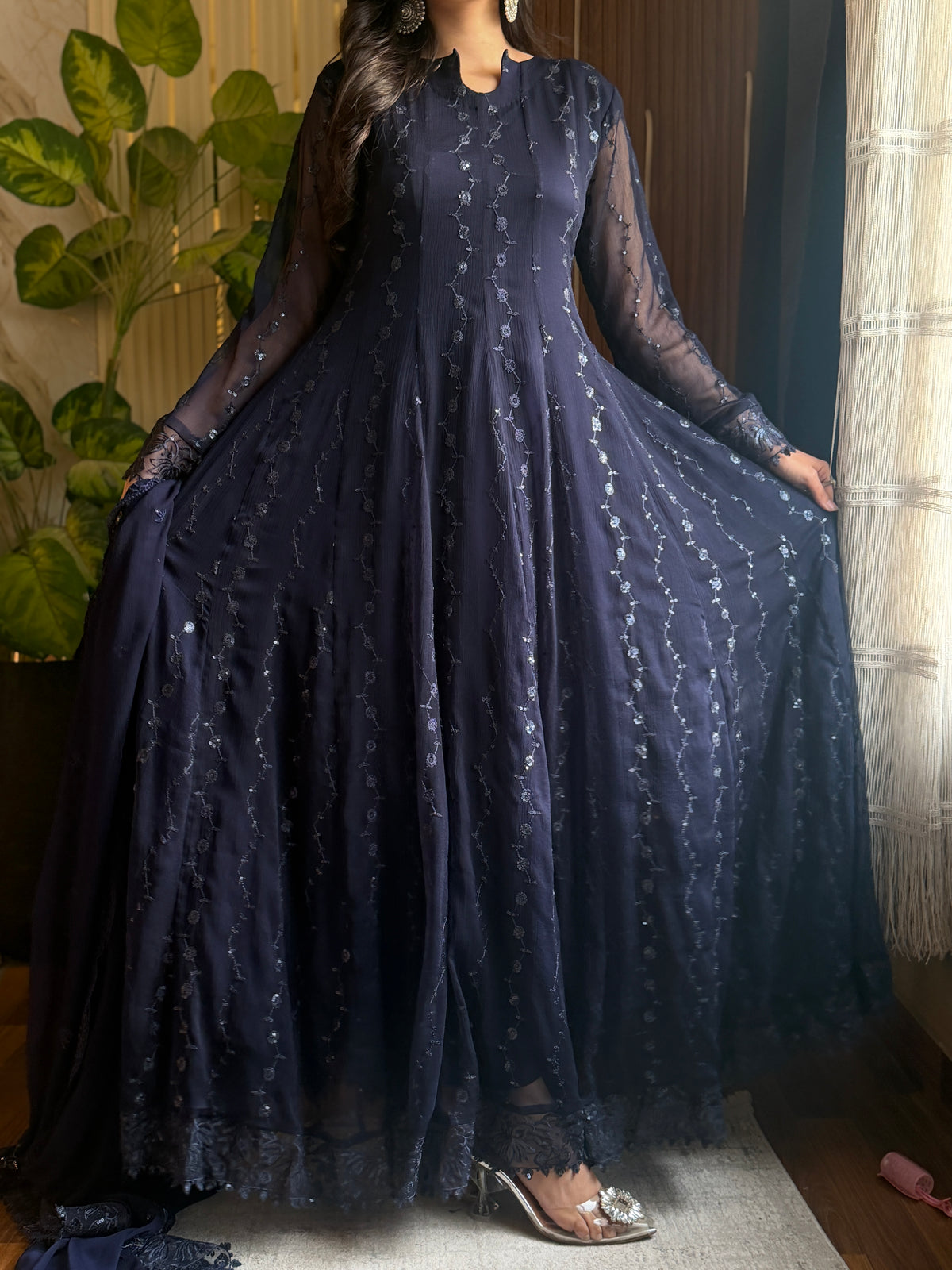 Noir Blue Embroidered Chiffon Maxi