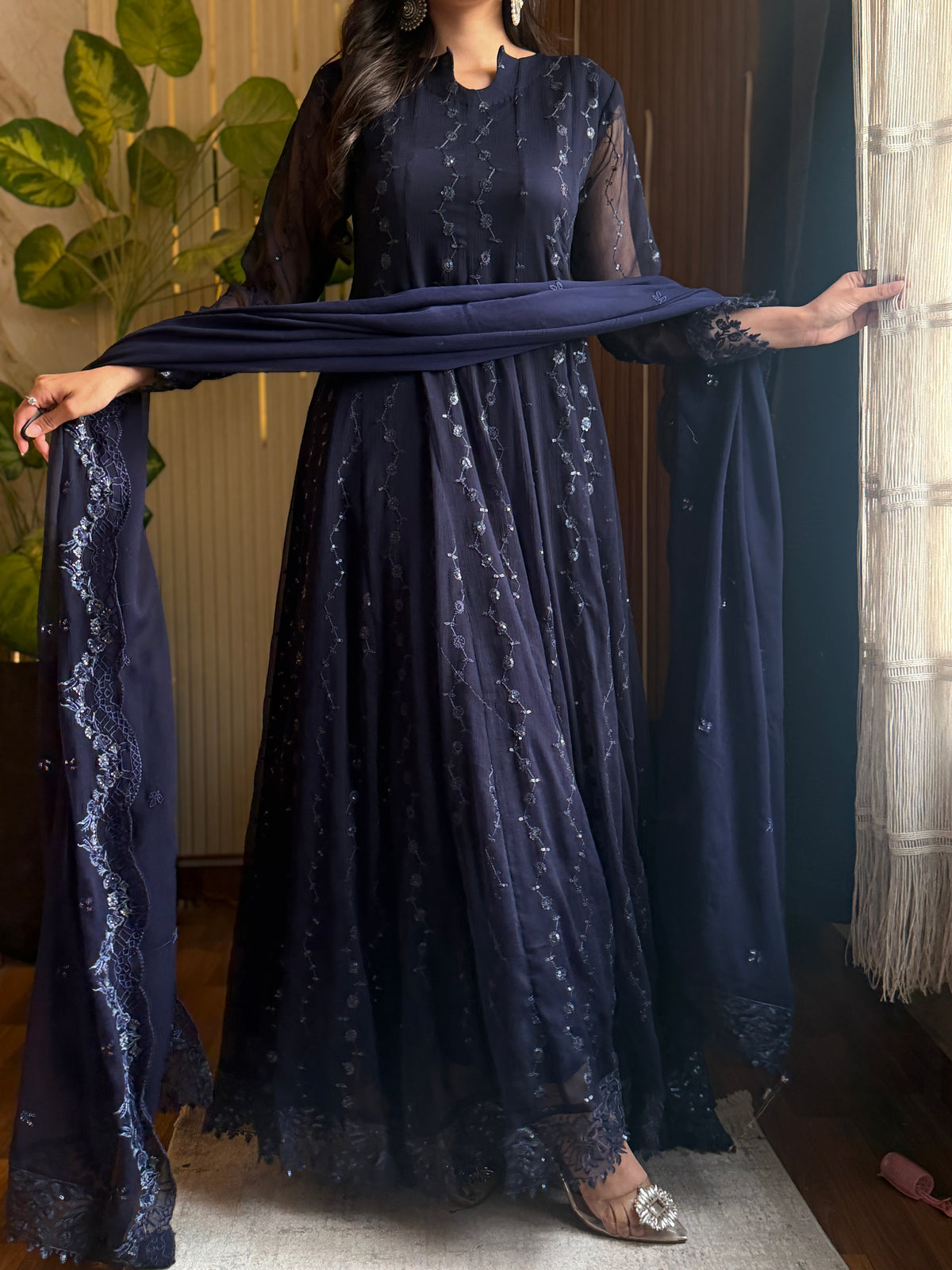 Noir Blue Embroidered Chiffon Maxi