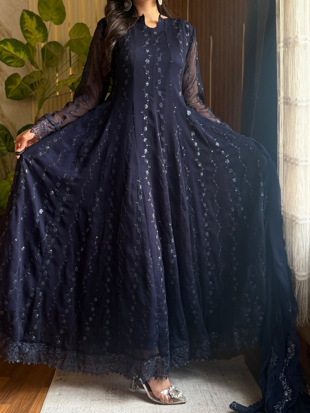 Noir Blue Embroidered Chiffon Maxi