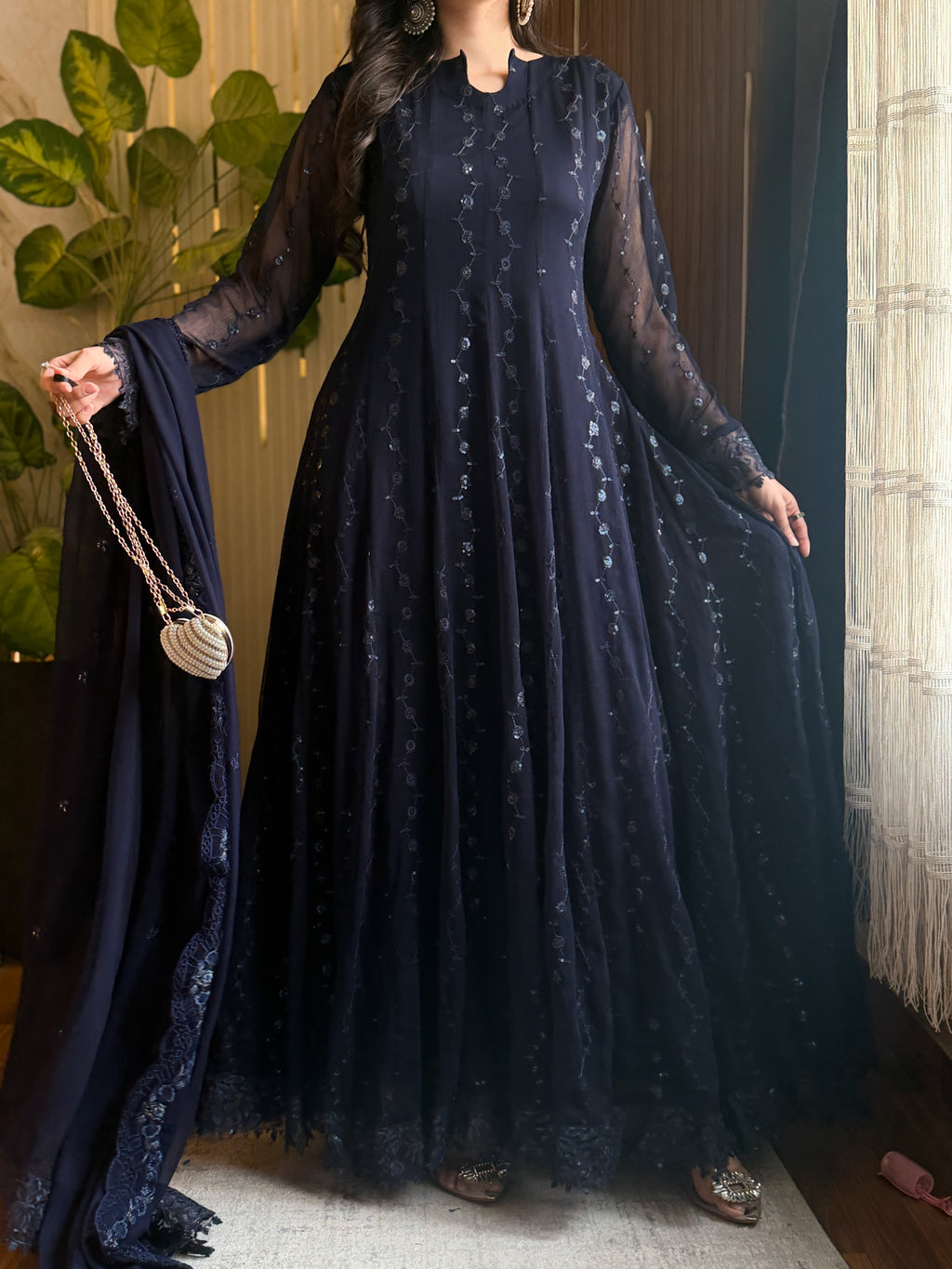 Noir Blue Embroidered Chiffon Maxi