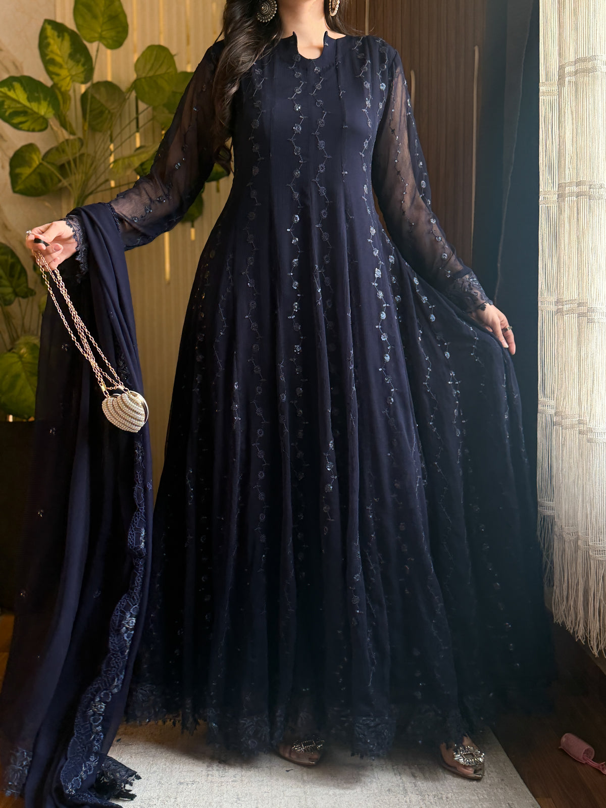 Noir Blue Embroidered Chiffon Maxi